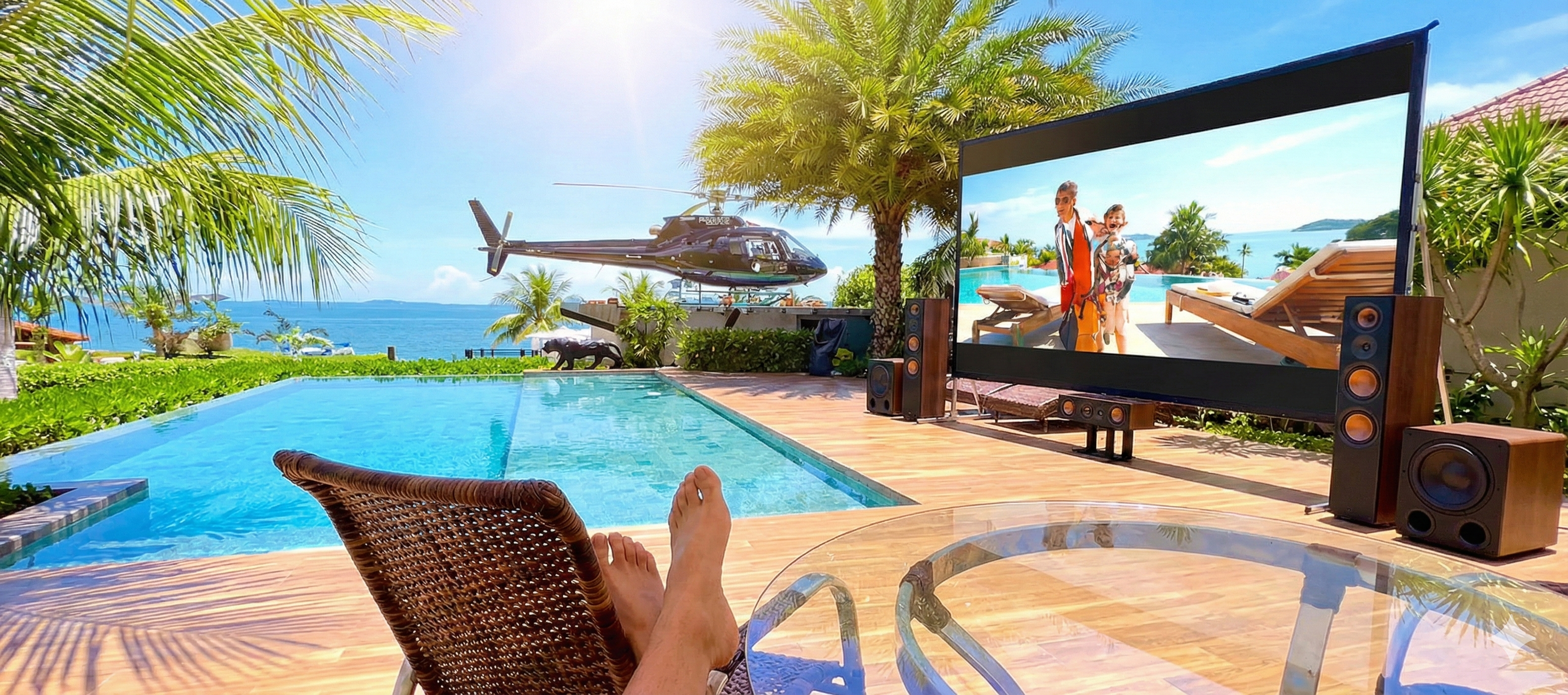 Home theater ao ar livre com piscina e sistema de áudio premium